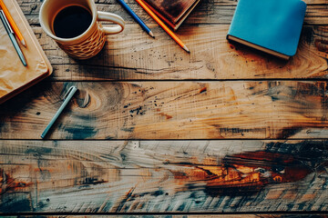 Top view of an empty rustic wooden table with pens, books and a cup - Powered by Adobe