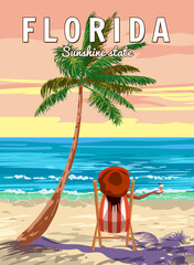 Florida Beach Retro Poster. Woman in chaise lounge with cocktail in the red hat, palm on the beach, coast, surf, ocean. Vector illustration vintage