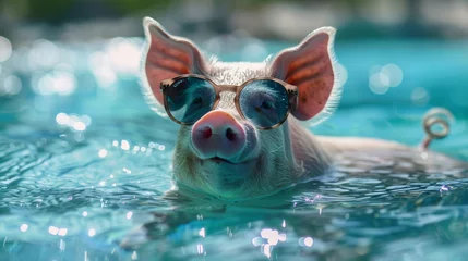 Fotobehang pig fullbody wearing sunglasses floating in water sources The blue water  © supachai