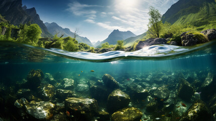 Underwater mountain clear river  underwater photo