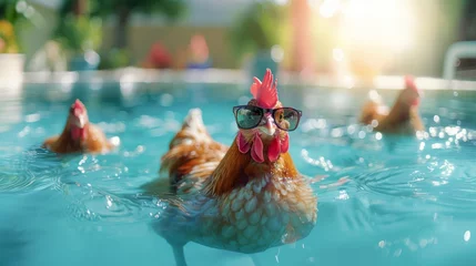 Rolgordijnen chicken fullbody wearing sunglasses floating in water sources The blue water i © supachai