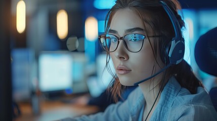 Diligent female call center agent, focused and dedicated, managing tasks on a computer within the central customer service hub.