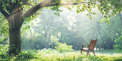 A simple chair placed under a tree in a serene garden, with space for relaxation-themed text - obrazy, fototapety, plakaty