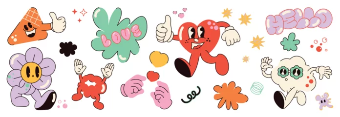 Gardinen Set of funky groovy element vector. Collection of cartoon characters, doodle smile face, flower, heart, cloud, bubble, hello. Cute retro groovy hippie design for decorative, sticker, kids, clipart. © TWINS DESIGN STUDIO