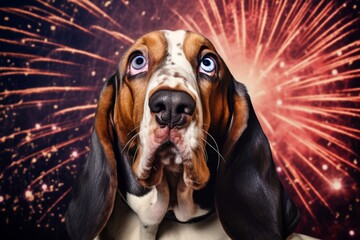 
Photo of a Basset Hound with droopy ears and a worried expression, its long ears hanging low as it hunkers down, fearful of the booming fireworks - obrazy, fototapety, plakaty