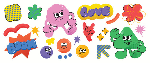 Set of funky groovy element vector. Collection of cartoon characters, doodle smile face, flower, ball, arrow, halftone texture. Cute retro groovy hippie design for decorative, sticker, kids, clipart.