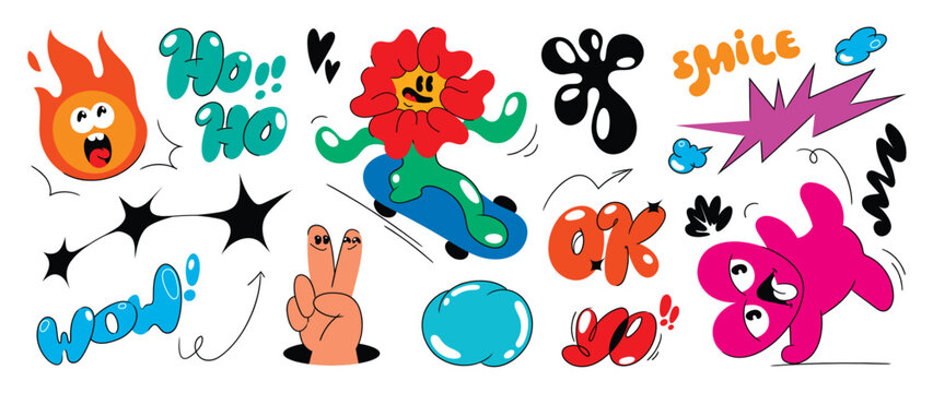 Set of funky groovy element vector. Collection of cartoon characters, doodle smile face, flower, heart, fire, skateboard. Cute retro groovy hippie design for decorative, sticker, kids, clipart.