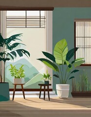 interior design apartment modern room with small plants at side in Asian style flat art