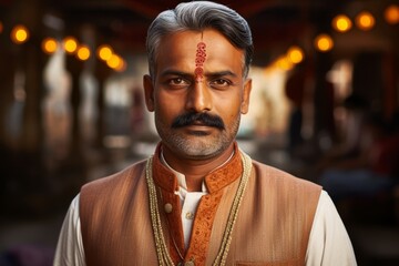 Fototapeta premium Middle-aged Vaishya man in traditional Indian attire, wearing a stylish kurta-pajama or sherwani, exuding prosperity and success associated with the Vaishya caste, perhaps with symbols of 