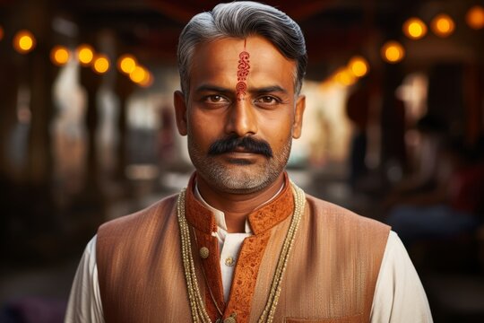 Middle-aged Vaishya man in traditional Indian attire, wearing a stylish kurta-pajama or sherwani, exuding prosperity and success associated with the Vaishya caste, perhaps with symbols of 