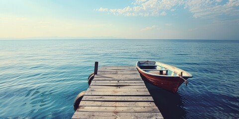 A small boat docked at a pier with a vast ocean beyond, leaving space for a vacation-themed message - obrazy, fototapety, plakaty