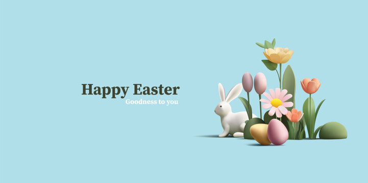 Happy Easter banner with 3d render Easter eggs and Easter bunny in flowers and grass field, egg hunting