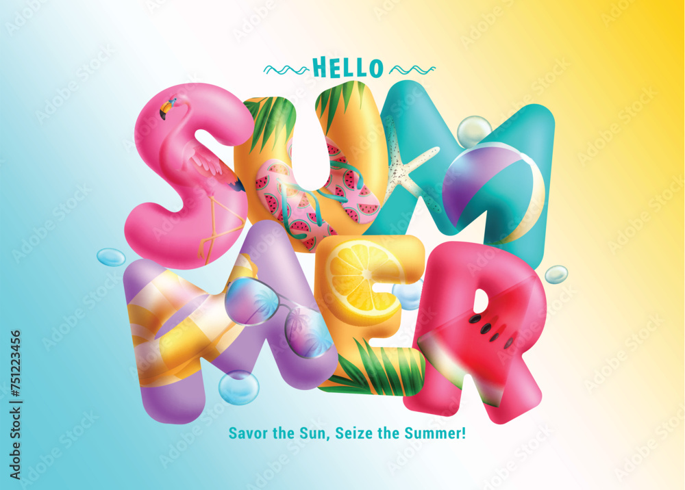 Poster summer 3d text vector design. hello summer three dimensional colorful font, typography and letters f