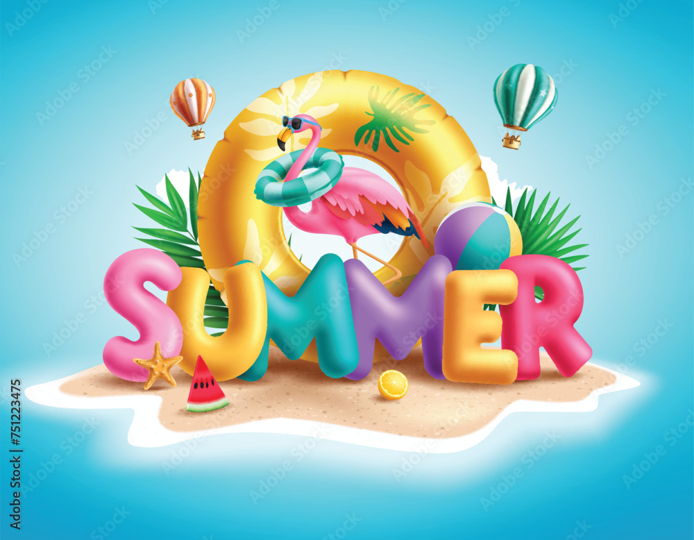 Poster summer 3d text vector design. summer greeting colorful text with flamingo wearing sunglasses and flo