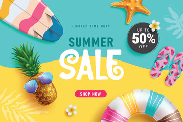 Summer sale text vector banner design. Summer limited time discount offer text with beach and tropical elements in green and yellow background. Vector illustration summer sale banner. 
