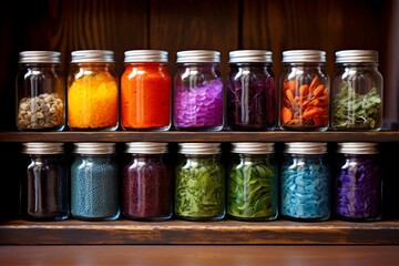 Homeopathic remedies arranged in colorful jars, creating a visually appealing display