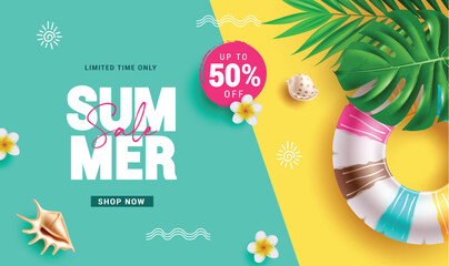 Summer sale text vector template design. Summer limited time offer text with beach elements for seasonal shopping promotion background. Vector illustration summer sale banner.   © AmazeinDesign