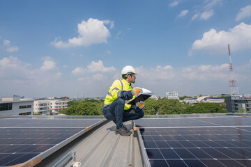 Engineers in helmets installing solar panel system outdoors. Installing a Solar Cell on a Roof. Solar panels on roof. Workers installing solar cell power plant eco technology.