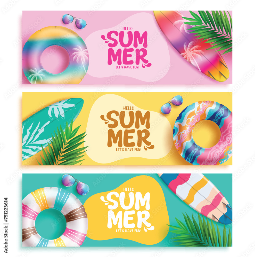 Poster hello summer greeting vector banner design. summer hello greeting text with colorful floaters, surfb