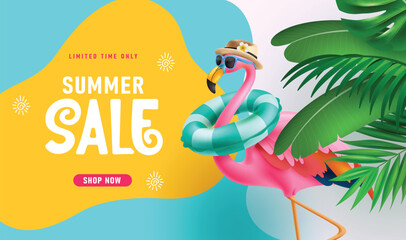 Summer sale text vector banner design. Summer limited time offer discount text with pink bird flamingo elements for tropical shopping promotion background. Vector illustration summer sale banner. 
