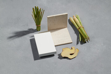 Scene for advertising with fresh lemongrass, lemon and ginger root