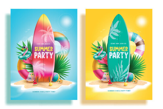 Summer party text vector poster set. Summer party invitation card with surfboard, floaters and flamingo beach elements for holiday vacation postcard collection. Vector illustration summer party card 