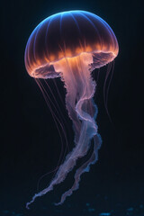 Obraz premium A jellyfish drifting through a dark ocean, neon style