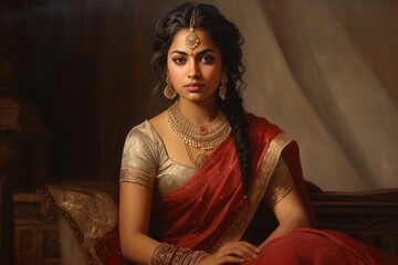 
Portrait of a mature Kshatriya young woman draped in an elegant silk saree or lehenga, adorned with intricate jewelry and a bindi, emanating grace and regality characteristic of Kshatriya women - obrazy, fototapety, plakaty