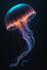 A jellyfish drifting through a dark ocean, neon style