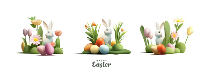 Obraz na płótnie Canvas Happy Easter greeting composition set with 3d render Easter eggs and bunny and spring flowers, different composition