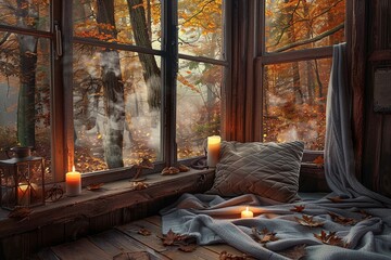 Autumn's Embrace A Cozy, Candlelit Evening in the Woods Generative AI