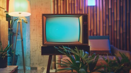Old retro box tv at cozy living room. Vintage television set. Old fashion tv on wooden table in horizontal position. Home background. Blue neon light screen. 80s atmosphere. - obrazy, fototapety, plakaty