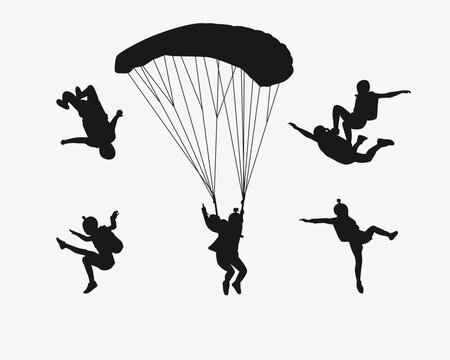Skydiving set silhouettes. Skydiver, parachute, extreme sport. Different pose, gesture. Isolated background. Vector illustration.