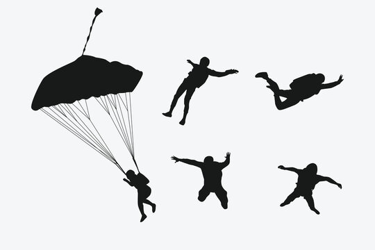 Skydiving set silhouettes. Skydiver, parachute, extreme sport. Different pose, gesture. Isolated background. Vector illustration.