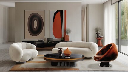 Elevate your senses with a room featuring two sumptuous sofas and a vibrant coffee table, expertly captured in HD to showcase the perfect intersection of modern minimalism and luxurious opulence.