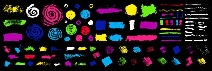 Vibrant scribble vector colorful kids gouache hand drawn brush strokes, circles, spiral lines. Bright grunge textures. Collage design rough graphic shapes, scribbles. Isolated texture scrawl elements - 751224455