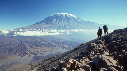 Ascending Mount Kilimanjaro, with the snow-capped peak in view and the diverse landscapes of Tanzania below