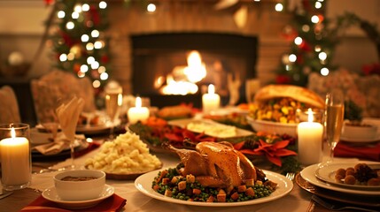 Fototapeta premium Holiday Glow A Festive Dinner with a Roasted Chicken and a Fireplace Generative AI