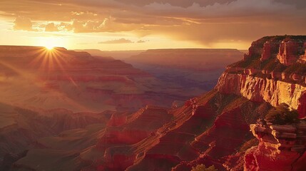 Dawn breaking over the Grand Canyon, with the first rays of sun illuminating the red cliffs