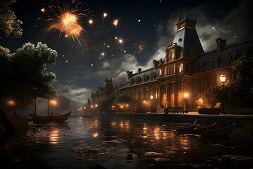 Fototapeta na wymiar Fireworks in the night sky over the river. Panorama.