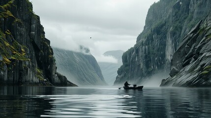 Fishing in the fjords of Norway, with a small boat in the calm waters and towering cliffs on either...