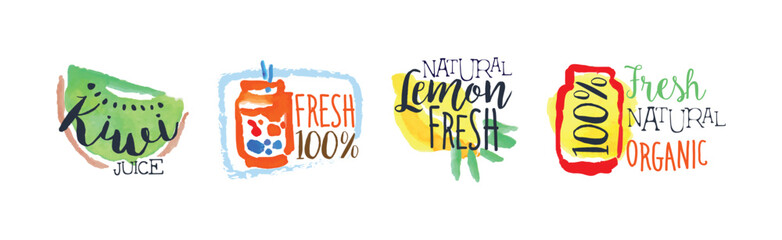 Juice and Fresh Watercolor Hand Drawn Label Vector Set