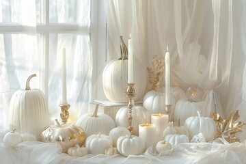 Autumnal Elegance A White Table Setting with Pumpkins and Candles Generative AI