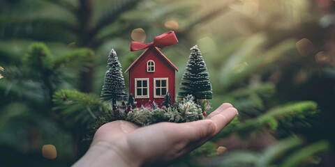Holiday Home Decoration A Festive Touch with a Red House and Christmas Trees Generative AI