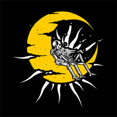 vector illustration artwork of skeleton skull lovers at Crescent moon