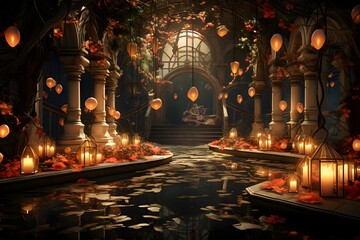 3d illustration of a fantasy corridor with lanterns and flowers.