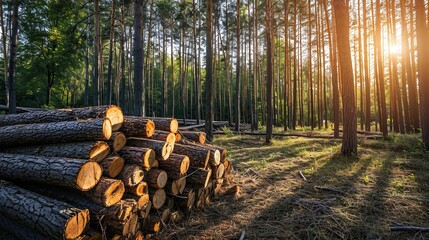 Pine forest with Pile of logs, logging industry - obrazy, fototapety, plakaty