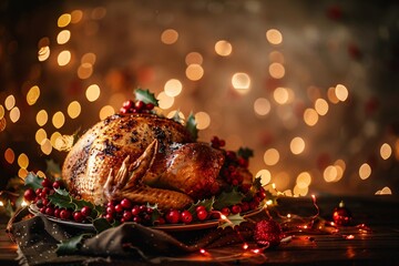 Holiday Glow A Festive Roasted Turkey with Berries and Lights Generative AI
