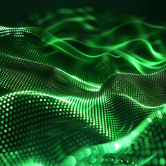  Abstract Technology Particles Mesh Background in Green - Lines and wave with light dots