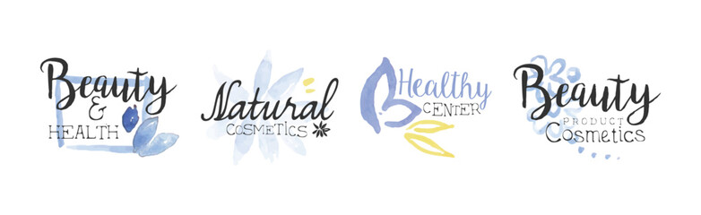 Natural Beauty Cosmetic Product Promo Sign Colorful Vector Set